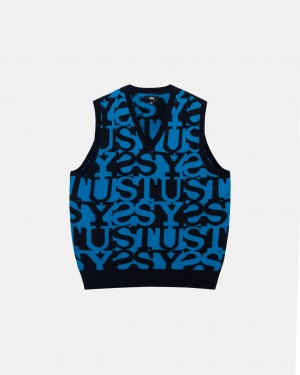 Stussy Stacked Sweater Vest Moški Puloverji Temno Temno Modre Slovenija | RGJ-2423