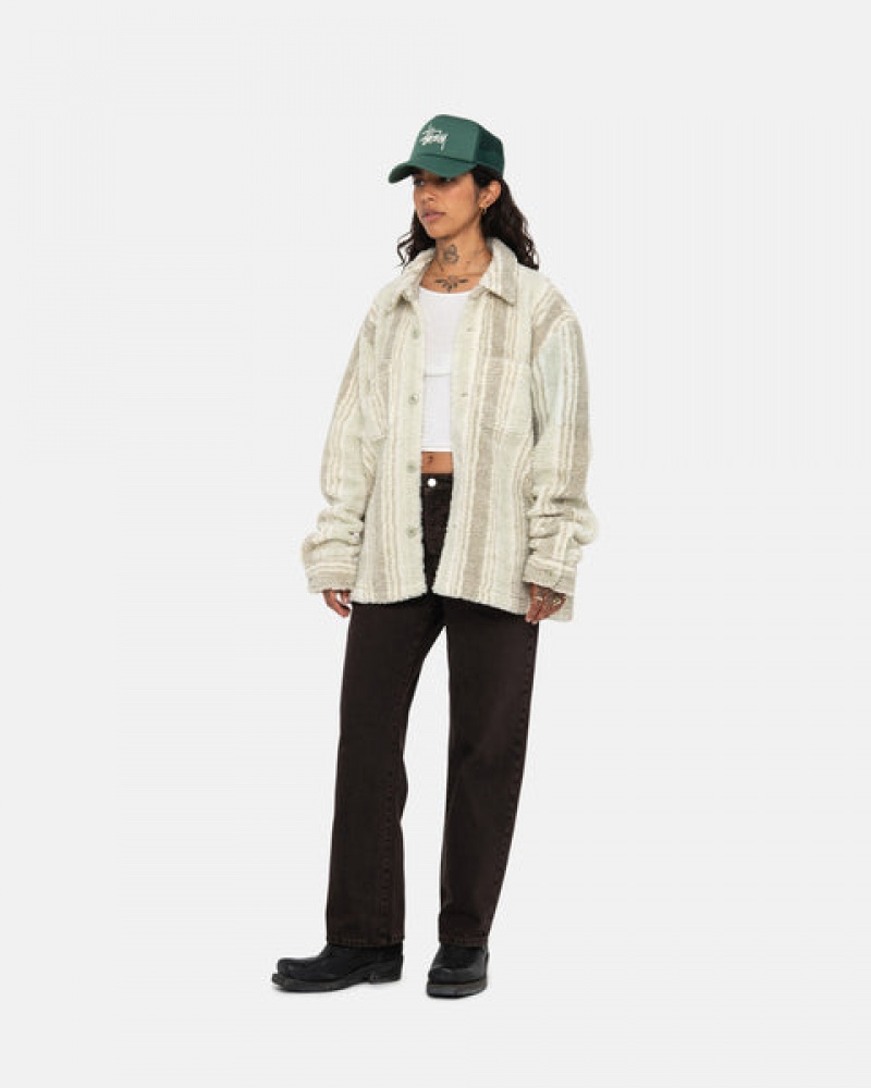 Stussy Črtasto Sherpa Shirt Ženski Srajčne Jakne Bež Slovenija | RKW-1240